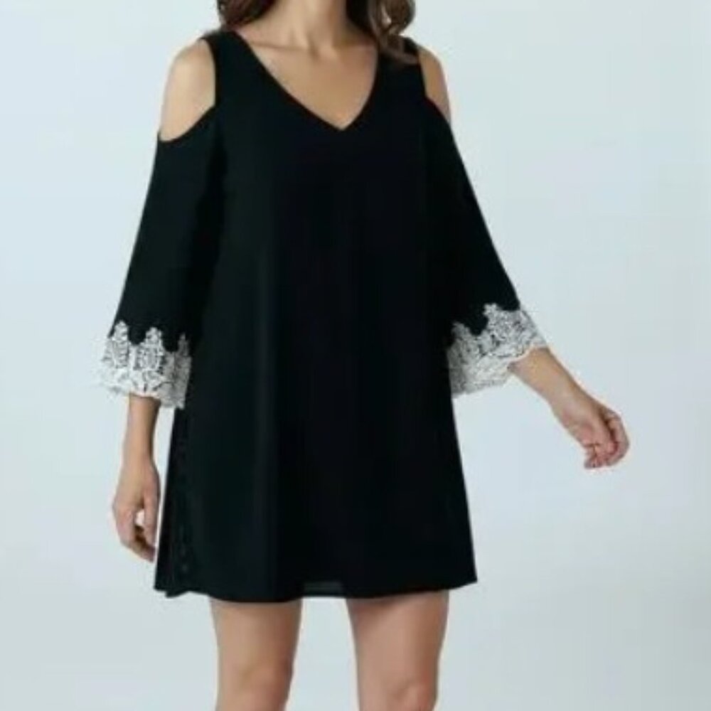 C Est 1946 Cold Shoulder Black Dress Small White Lace Cuffs